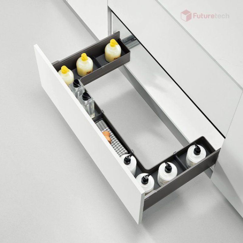 ชุดลิ้นชักใต้ซิงค์อ่าง อลูมิเนียม สีเทา พร้อมราง Soft Close