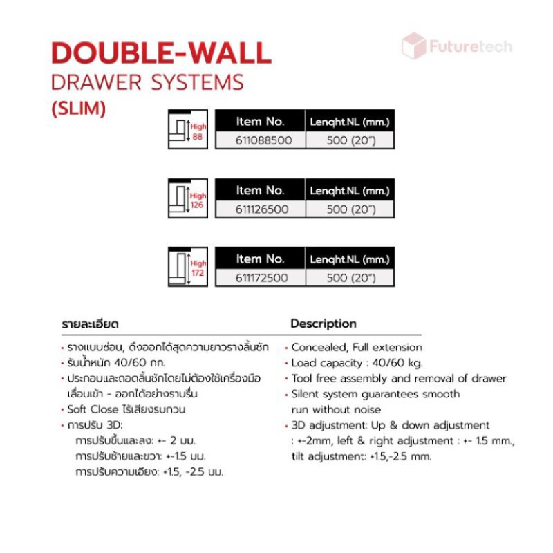 รางลิ้นชักแบบซ่อน Double-Wall