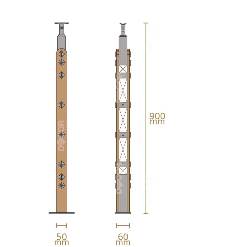 ชุดราวกันตกสแตนเลสประกอบไม้ แบบเสา W02 + เส้นกันตกสแตนเลส