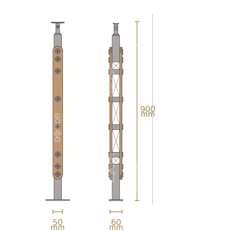 ชุดราวกันตกสแตนเลสประกอบไม้ แบบเสา W01 + เส้นกันตกสแตนเลส