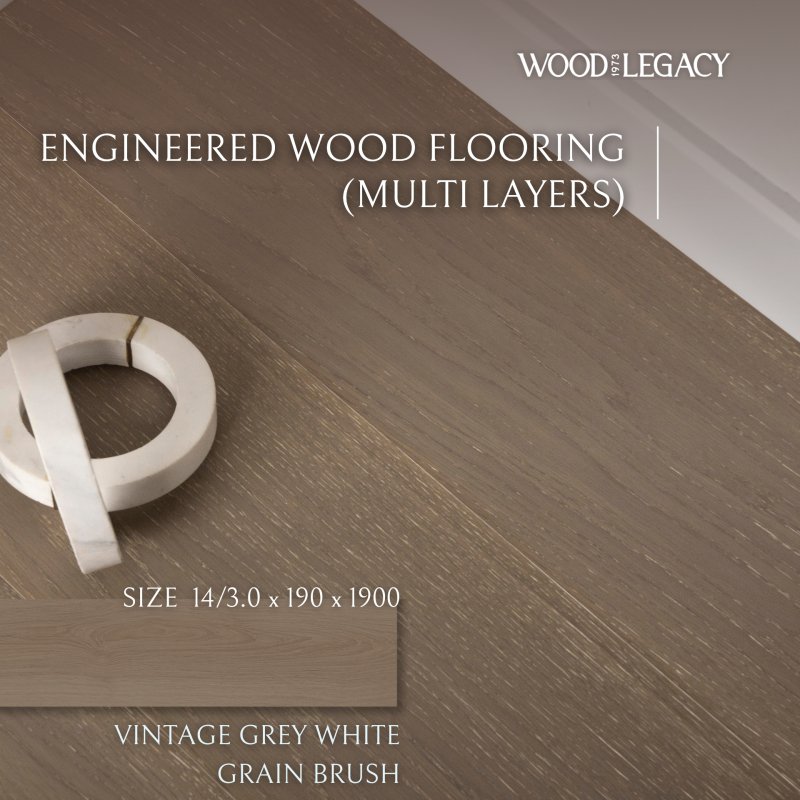 Engineered Wood Flooring  (Multi Layers) : Vintage Grey White Grain Brush